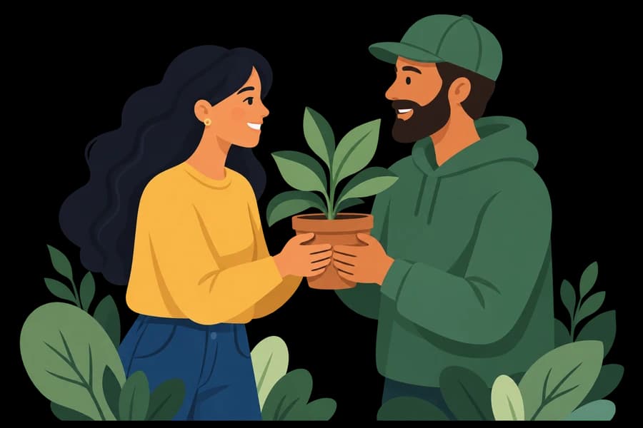An illustration of two neighbors sharing a plant.