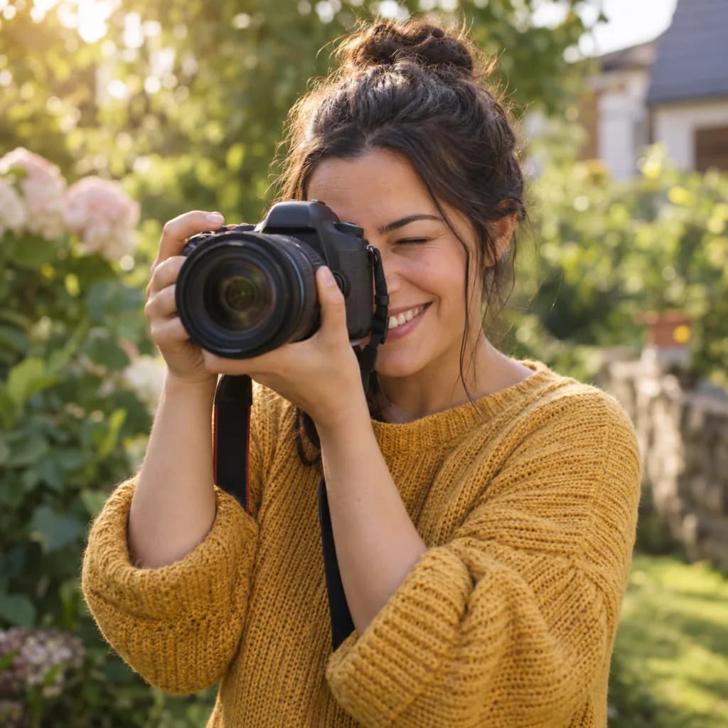 A photographer taking a portrait outdoors.